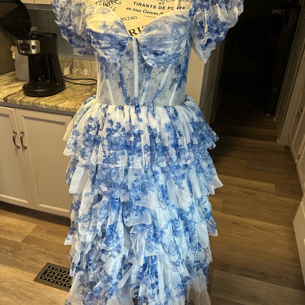 Blue Floral Tiered Ruffle Strapless Formal Dress